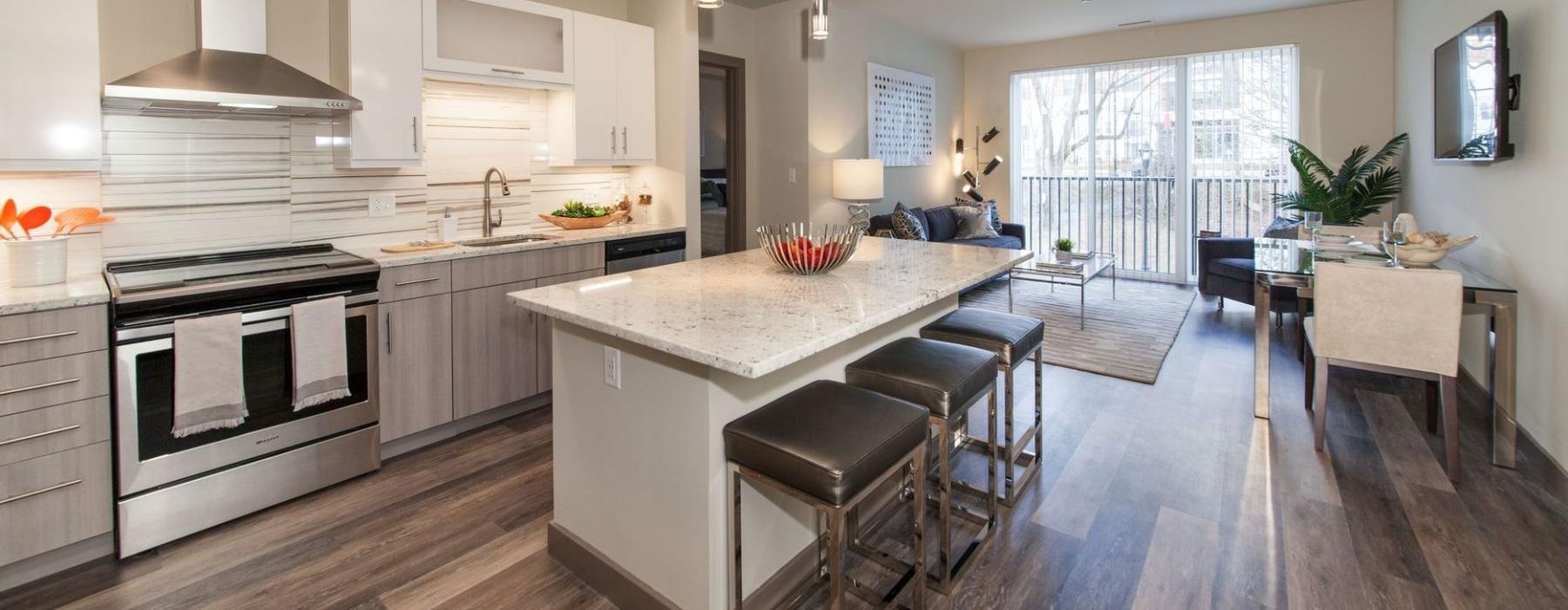 a kitchen with a wood floor