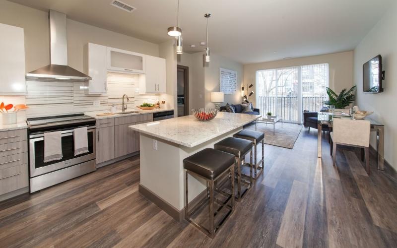 a kitchen with a wood floor